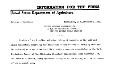 Better Muskrat Conservation Is Aim of Biological Survey's New Fur Animal Field Station November 9, 1937
