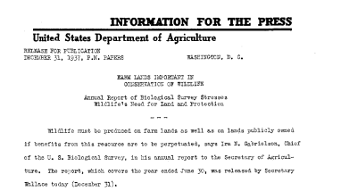 Farm Lands Important in Conservation of Wildlife R Land and December 31, 1937