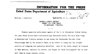 Federal Agents Destroy Nearly 500 Duck Traps in Maryland, Virginia January 8, 1938