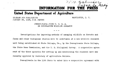Pennsylvania Joins U.S.D.A. in Cooperative Wildlife Research January 26, 1938