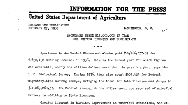 Sportsmen Spend $11,000,000 in Year for Hunting Licenses and Duck Stamps February 27, 1938