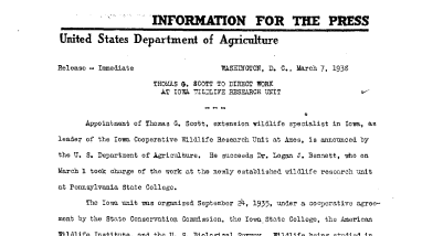 Thomas G. Scott to Direct Work at Iowa Wildlife Research Unit March 7, 1938