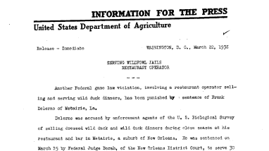 Serving Wildfowl Jails Restaurant Operator March 22, 1938