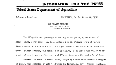 Fur Trader Selling Beaver Pelts Gets Federal Sentence March 24, 1938