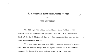 U.S. Biological Survey Congratulates CCC Boys April 5, 1938-A