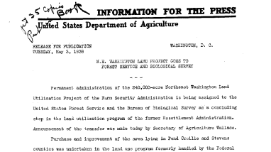 N.E. Washington Land Project Goes to Forest Ervice and Biological Survey May 3, 1938-A
