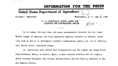 U.S. Biological Survey Names New Director for Northeastern Region (S.B. Locke) May 4, 1938