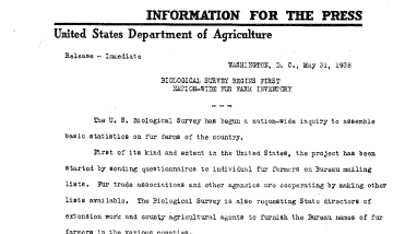 Biological Survey Begins First Nation-Wide Fur Farm Inventory May 31, 1938