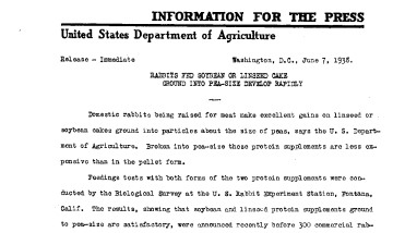 Rabbits Fed Soybean or Linseed Cake Ground Into Pea-Size Develop Rapidly June 7, 1938