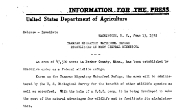 Tamarac Migratory Waterfowl Refuge Established in West Central Minnesota June 13, 1938
