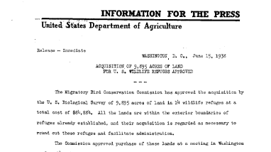 Acquisition of 9,895 Acres of Land for U.S. Wildlife Refuges Approved June 15, 1938