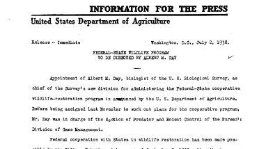Federal-State Wildlife Program to Be Directed by Albert M. Day July 2, 1938-B