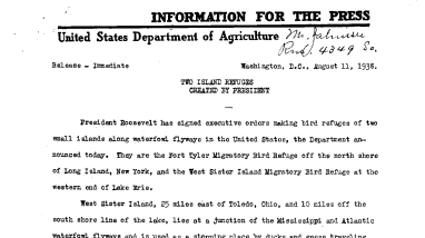 Two Island Refuges Created by President Roosevelt (Fort Tyler Refuge and West Sister Island) August 11, 1938