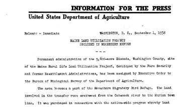 Maine Land Utilization Project Included in Moosehorn Refuge September 1, 1938-A