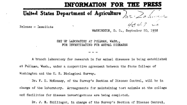 Set up Laboratory at Pullman, Washington, for Investigating Fur Animal Diseases September 20, 1938