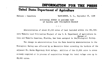 Biological Survey Is Assigned Part of Florida Land Utilization Project September 24, 1938