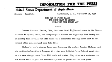 Ohio Man Is Fined $1,500 for Conspiracy to Violate Migratory Bird Treaty Act September 28, 1938