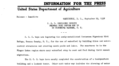 CCC Enrollees Improve Federal Bird Refuge Set up in Montezuma Marshes, New York (Montezuma Refuge) September 29, 1938