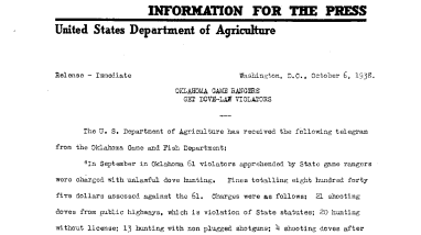 Oklahoma Game Rangers Get Dove-Law Violators October 6, 1938