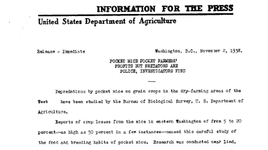 Pocket Mice Ocket Farmers' Profits but Predators Are Police, Investigators Find November 2, 1938-B