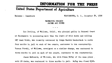 Waterfowl Sellers Jailed and Fined December 14, 1938-B