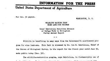 Wildlife Gaining From Wise Land-Use Program December 30, 1938