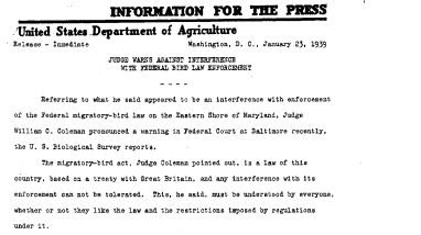 Judge Warns Against Interference With Federal Bird Law Enforcement January 23, 1939