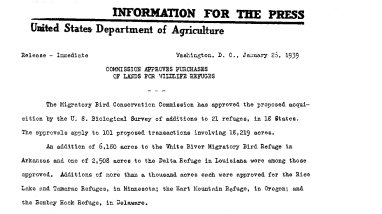 Commission Approves Purchases of Lands for Wildlife Refuges January 26, 1939