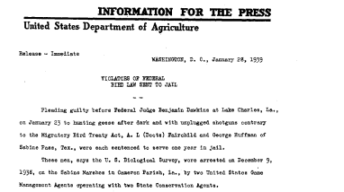 Violators of Federal Bird Law Sent to Jail January 28, 1939