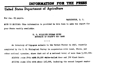 U.S. Wildlife Bureau Gives Estimate of Stste's Big Game January 29, 1939 B