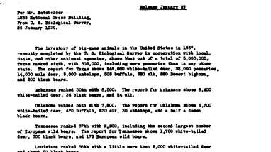 Inventory of Big-Game Animals in U.S. in 1937 (This Sent to Mr. Batchelder) January 29, 1939 C