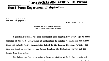 Future of Big Bears Assured on Alaska National Forest February 26, 1939