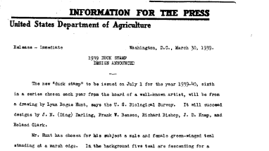 1939 Duck Stamp Design Announced March 30, 1939