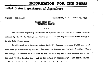 Texas Ranch Now A Waterfowl Refuge (Aransas Refuge) April 25, 1939