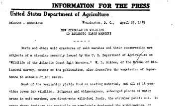 New Circular on Wildlife of Atlantic Coast Marshes April 27, 1939