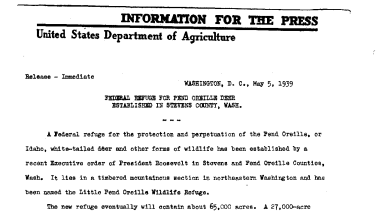 Federal Refuge for Pend Oreille Deer Established in Stevens County, Washington May 5, 1939