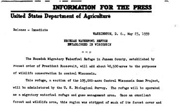 Necedah Waterfowl Refuge Established in Wisconsin May 23, 1939