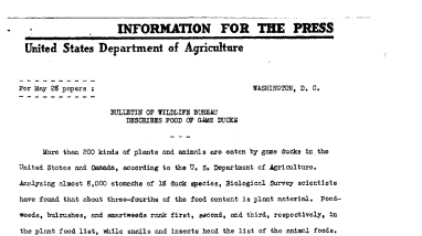 Bulletin of Wildlife Bureau Describes Food of Game Ducks May 28, 1939 B