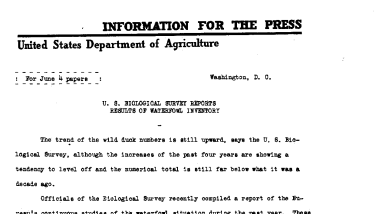 U.S. Biological Survey Reports of Waterfowl Inventory June 4, 1939 A