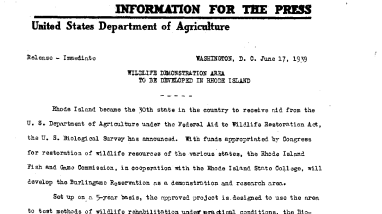 Wildlife Demonstration Area to Be Developed in Rhode Island June 17, 1939 B