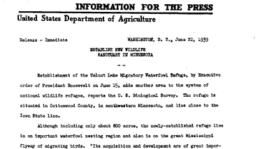 Establish New Wildlife Sanctuary in Minnesota (Talcot Lake Refuge) June 22, 1939