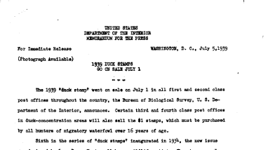 1939 Duck Stamp Go on Sale July 1 July 5, 1939 A