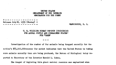 U.S. Wildlife Bureau Reports Diminishing Fur Animal Supply and Summarizes States Fur "Take" July 16, 1939