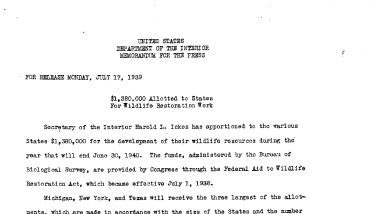 $1,380,000 Allotted to States for Wildlife Restoration Work July 17, 1939