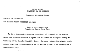 Prairie Dogs Vegetarians, Compete for Range, Study Shows September 29, 1939 A
