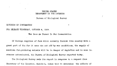 War Seen as Threat to Fur Conservation October 4, 1939