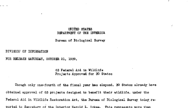 63 Federal Aid in Wildlife Projects Approved for 30 States October 21, 1939