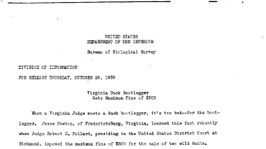 Virginia Duck Bootlegger Gets Maximum Fine of $500 October 26, 1939