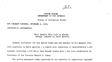 Will Develop Wild Life on Alaska Refuge, Largest in North America November 2, 1939
