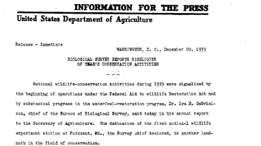 Biological Survey Reports Highlights of Year's Conservation Activities December 20, 1939